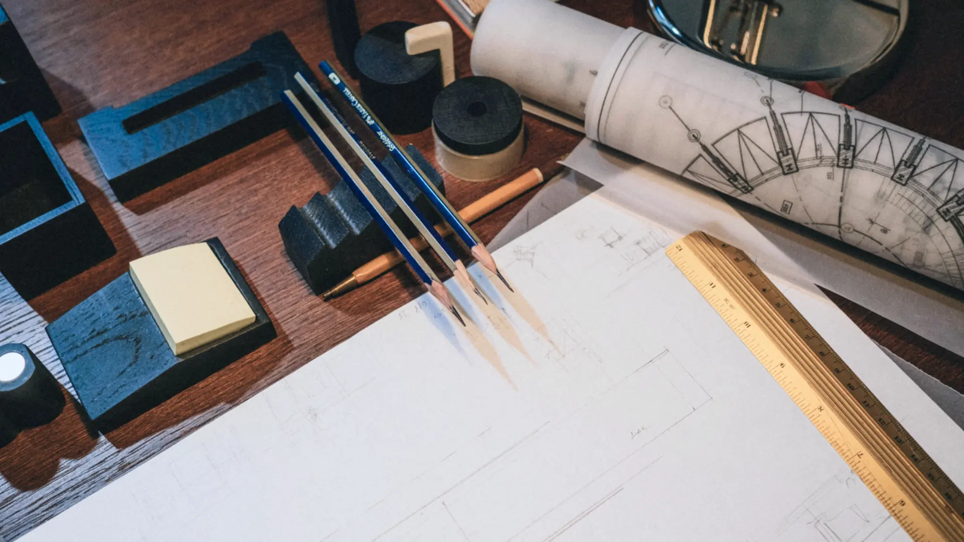 A workspace with architectural blueprints, wooden ruler, and sharp technical pencils, illustrating the careful planning and structural integrity required for data protection.